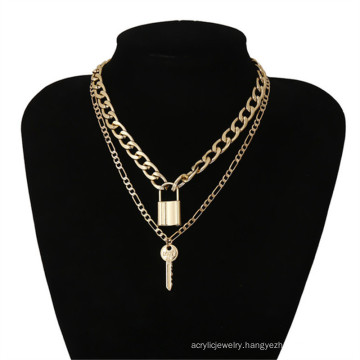 Fashion exaggerated geometric key lock necklace for women alloy double-layer necklace